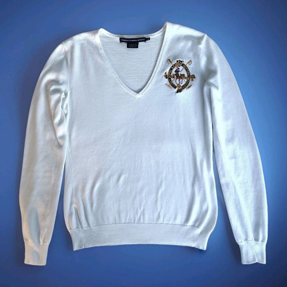 Ralph Lauren Sport Women's Sm White Pima Cotton Big Logo PRL & Co V-Neck Sweater
